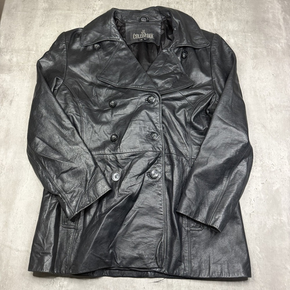 JL Colebrook Double Breasted Genuine Leather Jacket Black Womens Large